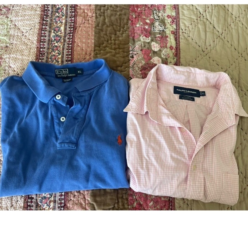 Polo Ralph Lauren Mens XL Bundle Blue Polo & Pink Gingham Button Down Shirt